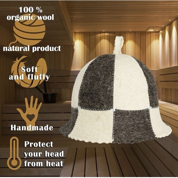 Organic Wool Checkered Sauna Hat Nordic Spa Cozy Handmade Soft - Picture 2 of 6
